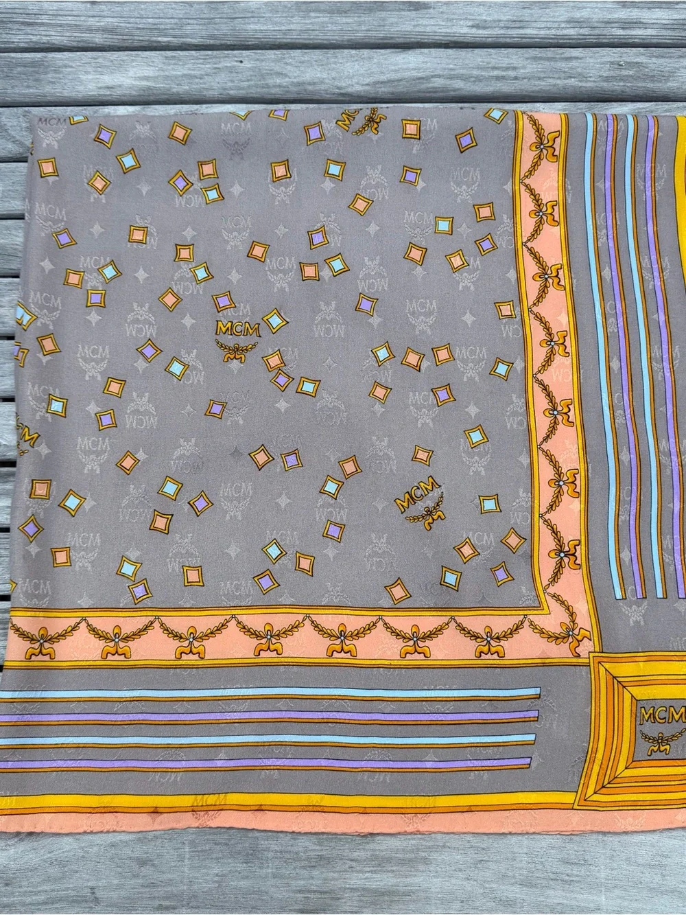 MCM Monogram Silk Scarf Gray Pink Yellow Logo Square Luxury Designer